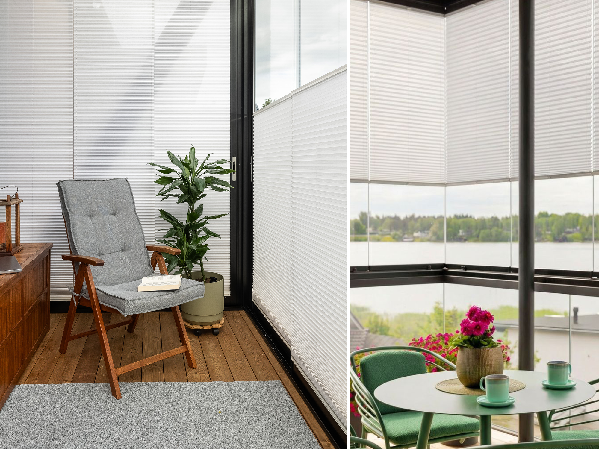 På bilden syns terrass och balkongen med gardiner.
